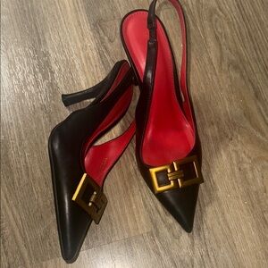 Chic Black and Red Slingback Heels with Gold Buckle